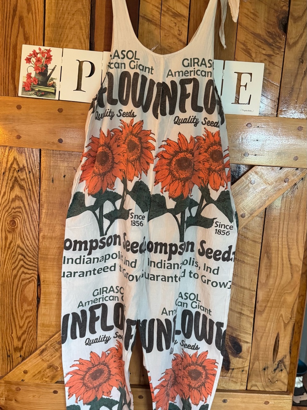 GRAIN SACK COTTON SUNFLOWER OVERALLS  2 SIZES